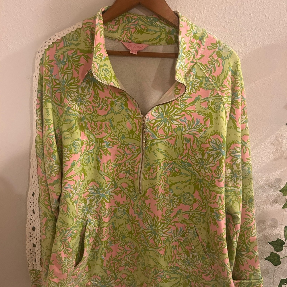 Lily Pulitzer Green and Pink Floral Pullover with Lace Detail
